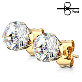 Pair of Gold Plated Surgical Steel Round Circle Clear Prong Set Earring Studs